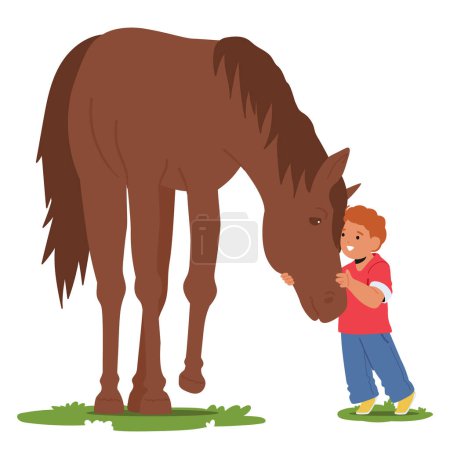 Illustration for Little Boy Character Tenderly Cares For His Horse In A Sunlit Summer Field, Their Bond Evident In The Warm Embrace Of Companionship Amid The Vibrant, Flourishing Landscape. Cartoon Vector Illustration - Royalty Free Image