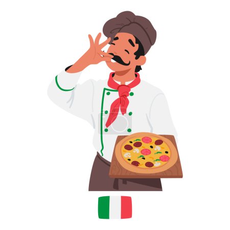 Illustration for Passionate Italian Chef In Classic White Uniform And Tall Hat, Skillfully Presents A Freshly Baked Pizza With Bubbling Cheese And Aromatic Toppings, Embodying Culinary Excellence. Vector Illustration - Royalty Free Image