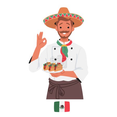 Ilustración de El chef mexicano orgullosamente presenta un plato de deliciosos tacos, llenos de ingredientes vibrantes y llenos de sabores auténticos, un testamento a la rica herencia culinaria y deliciosa cocina mexicana - Imagen libre de derechos
