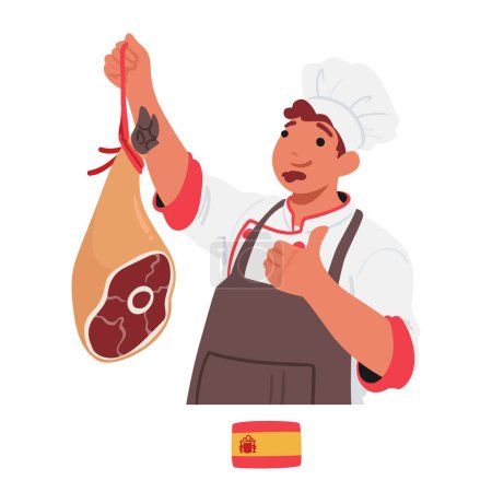 Illustration for Spanish Chef Displays Culinary Artistry With A Raw Pig Leg, Showcasing Expertise In Traditional Spanish Cuisine, Ready To Transform Humble Ingredient Into A Mouthwatering Delicacy, Vector Illustration - Royalty Free Image