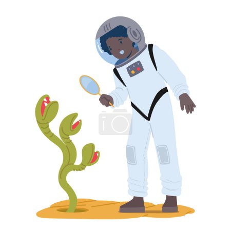 Téléchargez les illustrations : Kid Astronaut explore une planète extraterrestre avec un verre grossissant, à la découverte de formes de vie étranges. Le jeune explorateur s'émerveille devant les merveilles extraterrestres, les yeux grands ouverts de curiosité et d'étonnement, vecteur - en licence libre de droit