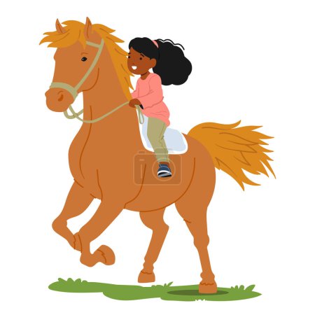 Illustration for Joyful Little Girl, Character Her Laughter Echoing, Rides A Spirited Horse Through A Sunlit Summer Field, The Vibrant Green Grass Stretching Endlessly Beneath. Cartoon People Vector Illustration - Royalty Free Image