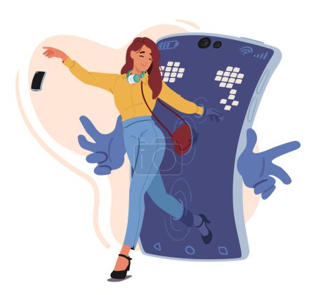 Illustration for Breaking Free From Smartphone Addiction, Determined Woman Emerges From Huge Screen, Triumphantly Tossing Her Device Aside, Embracing The Liberation From The Digital World. Cartoon Vector Illustration - Royalty Free Image