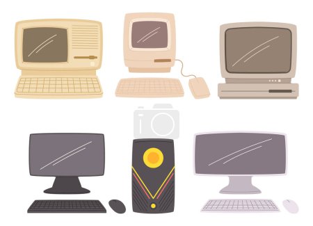 Illustration for Computer Evolution From Massive Machines To Powerful Devices. Advancements In Size, Speed, And Capability Reflect An Ever-accelerating Technological Revolution And Information Processing, Vector Set - Royalty Free Image