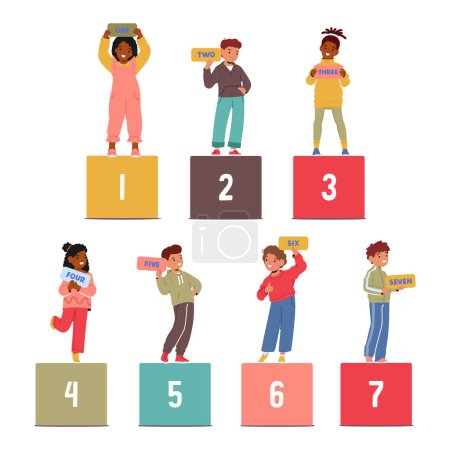 Illustration for Cute Kids Holding Numbers for Fun Math Learning. Children Girls and Boys Characters Hold Cards with Digits To Visually Reinforce Numerical Concepts In A Playful Way. Cartoon People Vector Illustration - Royalty Free Image
