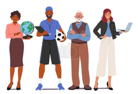 Illustration for Male and Female Teachers Stand With Authority In A Disciplined Row, Ready To Impart Knowledge. Dressed Professionally, They Exude Wisdom And Dedication, Creating An Atmosphere Of Respect And Learning - Royalty Free Image