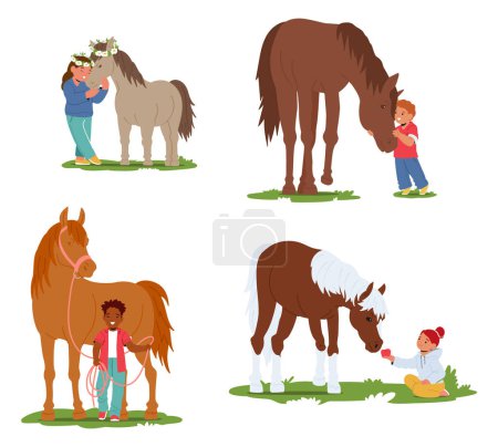 Téléchargez les illustrations : Les enfants prennent soin avec amour des chevaux, les nourrissent de pommes, les étreignent, les personnages enfants créent une scène chaleureuse d'amitié et de confiance dans le cadre stable serein. Illustration vectorielle des personnages de bande dessinée - en licence libre de droit
