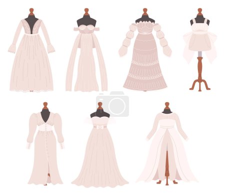 Illustration for Wedding Dresses Collection, Showcasing Elegant Timeless Designs, Intricate Lacework And Flowing Silhouettes. Each Gown Captures The Essence Of Romance For Bride Style. Cartoon Vector Illustration - Royalty Free Image