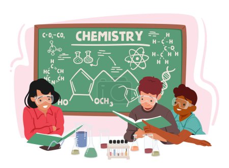 Illustration for Enthusiastic Kids Characters Explore Chemistry In A Classroom, Mixing Potions And Conducting Experiments With Beakers, Fostering A Love For Science And Discovery. Cartoon People Vector Illustration - Royalty Free Image
