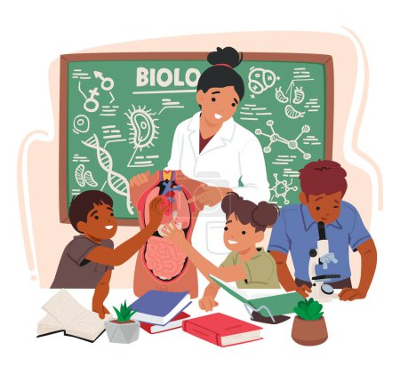 Illustration for Passionate Biology Teacher Engages Curious Kids In Classroom, Fostering A Love For Science As They Explore The Wonders Of Life Through Interactive Lessons And Hands-on Experiments. Vector Illustration - Royalty Free Image