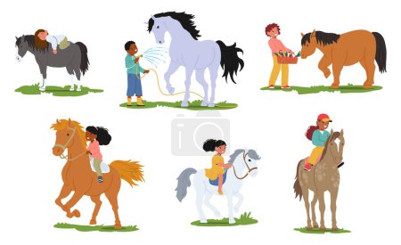 Téléchargez les illustrations : Enfants toilettant et soignant doucement les chevaux, nourrissant, lavant, montant à cheval, riant faisant écho dans l'écurie, formant des liens de confiance et d'amitié avec leurs compagnons à quatre pattes, ensemble vectoriel - en licence libre de droit