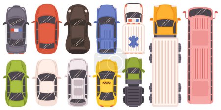 Illustration for Top View Of Parked Cars Arranged Symmetrically. Colorful Sedans, Van, Truck and Bus Isolated on White Background. Orderly Lines Of Vehicles Create Organized Scene From Above. Cartoon Vector Set - Royalty Free Image