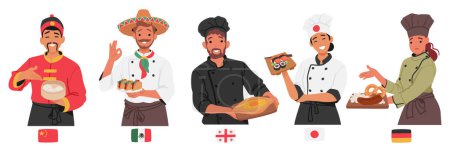 Illustration for Chefs From China, Mexico, Georgia, Japan and Germany Countries Present Dishes That Reflect Their Unique Traditions, Flavors, Techniques, Culinary Skills And Cultural Heritage Of The World, Vector - Royalty Free Image
