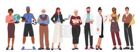Illustration for Dedicated Teachers Stand In A Row, Each An Inspiring Beacon Of Knowledge And Guidance, Ready To Shape The Minds Of Eager Learners In The Academic Journey Ahead. Cartoon People Vector Illustration - Royalty Free Image