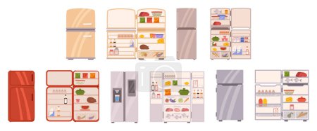 Illustration for Closed and Open Refrigerators, Modern Appliances, That Use Cooling Technology To Preserve And Chill Food. They Maintain Low Temperatures, Keeping Food Fresh For Longer Periods. Cartoon Vector Set - Royalty Free Image