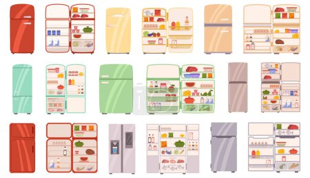 Illustration for Refrigerators With Products, Vegetables, Meat, Fruits Dairy, And Refreshing Beverages. Appliances That Use a Cooling Mechanism To Preserve And Extend The Freshness Of Food. Cartoon Vector Illustration - Royalty Free Image