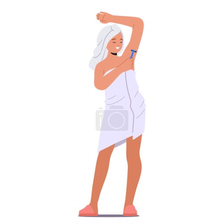 Illustration for Woman Meticulously Shaving Her Underarms. Female Character Carefully Gliding The Razor For Smoothness, Creating Refreshed Sensation And A Polished, Clean Appearance. Cartoon People Vector Illustration - Royalty Free Image
