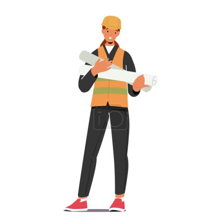 Illustration for Determined Woman Architect, Clad In A Hard Hat, Holding Blueprint Rolls. Female Character Embodying Expertise And Dedication In Crafting Architectural Visions Into Reality. Cartoon Vector Illustration - Royalty Free Image