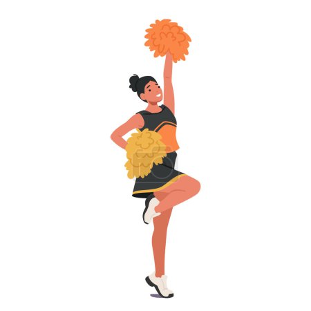 Illustration for Energetic Cheerleader Girl Character In Vibrant Uniform, Twirls Pompoms With Enthusiasm. Radiant Smile, Contagious Energy, And Dynamic Moves Light Up The Crowd, Embodying Team Spirit And Pep, Vector - Royalty Free Image