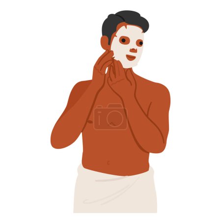 Téléchargez les illustrations : Homme embrassant l'auto-soin, Appliquer masque pour le visage pour un teint revitalisé. Cette étape essentielle dans la routine de beauté masculine favorise une peau plus saine et une apparence confiante. Illustration vectorielle de bande dessinée - en licence libre de droit