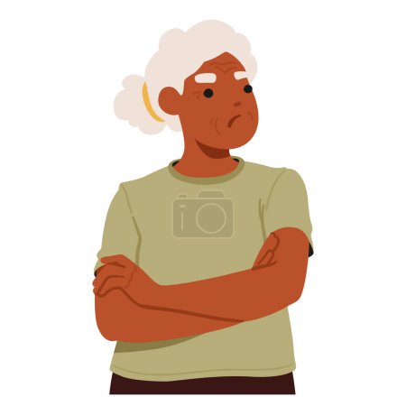 Illustration for Disgruntled Elderly Woman Character, Offended By A Perceived Slight, Wears A Disapproving Expression, Conveying Her Displeasure Through Pursed Lips, Crossed Arms And Narrowed Eyes. Vector Illustration - Royalty Free Image