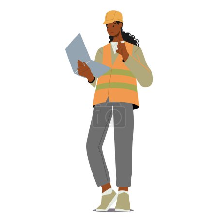 Illustration for Woman Contractor with Laptop, Manages Construction Projects, Overseeing Planning, Budgeting, And Execution. Skilled In Project Management And Construction Expertise, She Ensures t Project Completion - Royalty Free Image