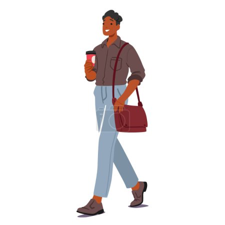 Illustration for Focused Strides, Coffee In Hand, A Man Navigates The Office Hustle. Determination In His Step, The Aroma Of Coffee Accompanies His Journey Through The Workplace Routine. Cartoon Vector Illustration - Royalty Free Image