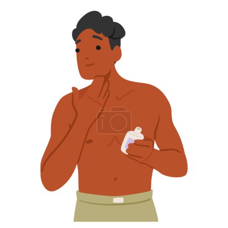 Illustration for Man Character Moisturize his Faces With Cream, Fostering A Simple Yet Effective Beauty Routine For Healthy, Hydrated Skin. Modern Masculinity Embraces Self-care. Cartoon People Vector Illustration - Royalty Free Image