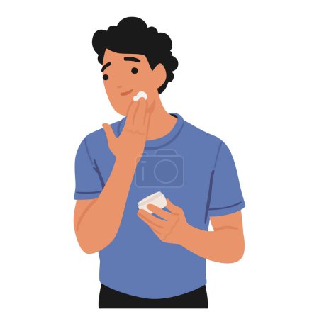Illustration for Man Embrace Beauty Routine, Applying Face Cream For A Refreshed Look. This Evolving Concept Highlights Self-care And Grooming As Integral To Modern Masculinity. Cartoon People Vector Illustration - Royalty Free Image