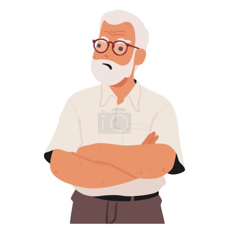 Illustration for An Elderly Man With A Stern Expression, Arms Crossed In Displeasure, Old Male Character Conveying Frustration Or Offense Through His Body Language. Cartoon People Vector Illustration - Royalty Free Image