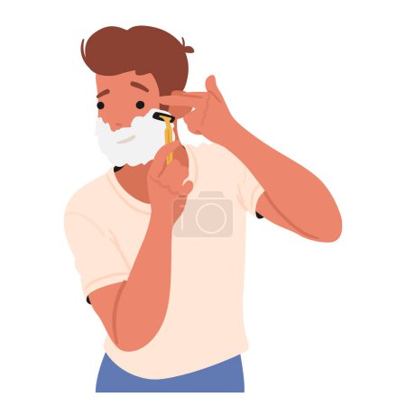 Illustration for Man Shaving, Daily Self-care Ritual, Epitomizes The Male Beauty Routine. Precision Meets Masculinity As Razor Glides, Crafting Smooth Canvas With Timeless Elegance. Cartoon People Vector Illustration - Royalty Free Image