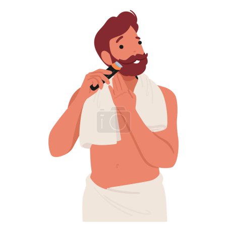 Téléchargez les illustrations : L'homme façonne méticuleusement sa barbe, focalisée et précise, le rasoir glissant avec soin. Chaque AVC définit les contours, confectionnant un visage soigné et élégant. Illustration vectorielle de bande dessinée - en licence libre de droit