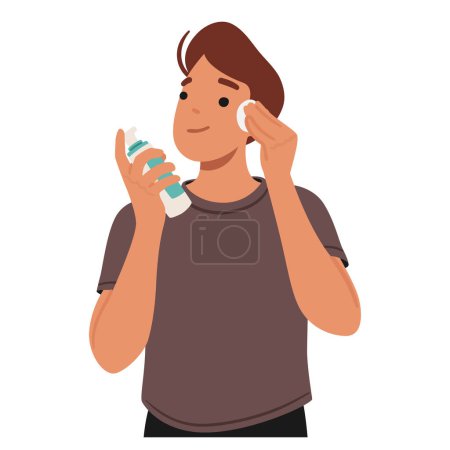 Illustration for Young Man Character Vigorously Cleanses His Face With Refreshing Tonic, The Cool Liquid Invigorating His Skin As He Wipes Away The Day Fatigue And Impurities. Cartoon People Vector Illustration - Royalty Free Image