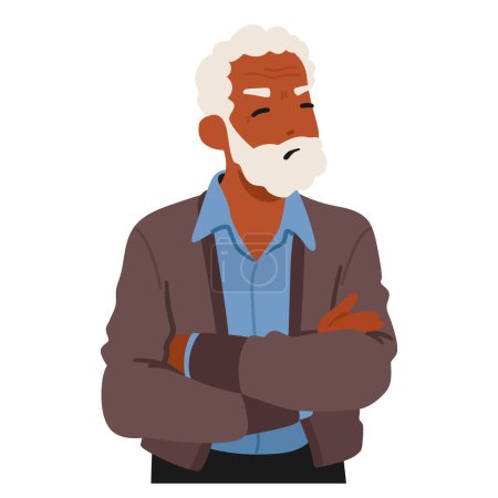 Illustration for Offended Senior Male Character. Elderly Black Man Stands With His Arms Crossed, A Stern Expression On His Face, Displaying Signs Of Displeasure Or Offense. Cartoon People Vector Illustration - Royalty Free Image