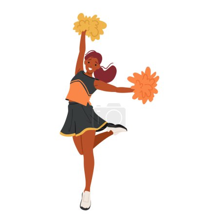 Illustration for Black Cheerleader Teen Girl Character Adorned In Spirited Colors, Brandishing Pompoms With Infectious Energy. Radiates Enthusiasm, Poised For Spirited Routines That Ignite The Crowd Fervor, Vector - Royalty Free Image
