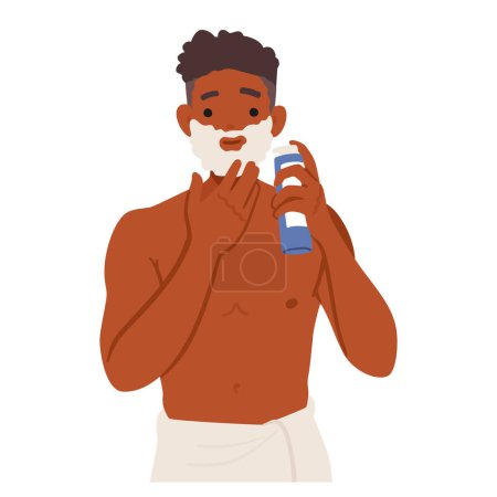 Illustration for Male Beauty Routine. Man Applying Shaving Foam On The Face, Prepares The Skin For Smooth And Comfortable Shave, Character Enhancing Overall Grooming And Confidence. Cartoon People Vector Illustration - Royalty Free Image