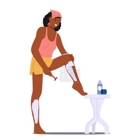 Illustration for Black Woman Character Meticulously Shaves Her Legs, Applying Smooth Strokes With A Razor, Creating A Sleek And Hair-free Surface For A Clean And Polished Appearance. Cartoon People Vector Illustration - Royalty Free Image