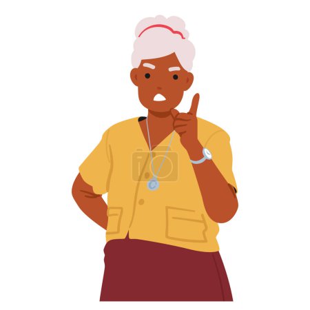 Illustration for Furious Senior Woman Wags Her Finger Sternly, Eyes Ablaze With Indignation, Expressing Disapproval And Commanding Attention With A Powerful Gesture Of Frustration And Authority. Vector Illustration - Royalty Free Image