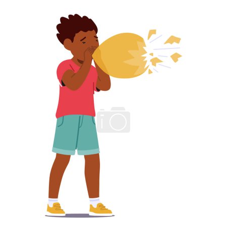 Illustration for Boy Character Inflates Balloon With Excitement, Dreams Of Success. Reality Hits, Balloon Bursts. Kid Learns Resilience, Embraces Failure. Growth Blooms From Popped Dreams. Cartoon Vector Illustration - Royalty Free Image