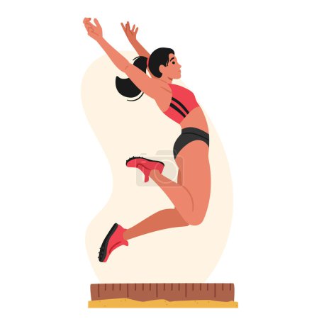 Téléchargez les illustrations : L'athlète féminine dynamique à saut long combine vitesse explosive et technique précise pour voler dans les airs, montrant une puissance et une agilité remarquables dans la poursuite de la distance horizontale maximale, vecteur - en licence libre de droit