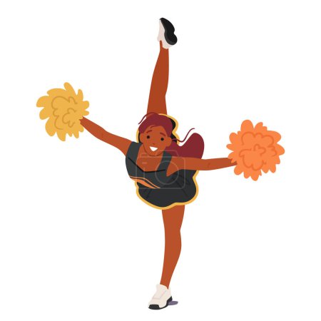 Illustration for Energetic Black Cheerleader Girl Balancing on One Leg, Waves Pompoms With Contagious Enthusiasm. Radiant Smile, Precise Moves, And Dynamic Spirit Embody The Essence Of Team Support And School Pride - Royalty Free Image