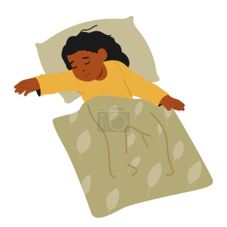 Téléchargez les illustrations : Sweet Child dort paisiblement au lit, enveloppé dans une couverture douce. Petite fille noire rêvant d'aventures dans un monde rempli de merveille et d'innocence. Illustration vectorielle des personnages de bande dessinée - en licence libre de droit