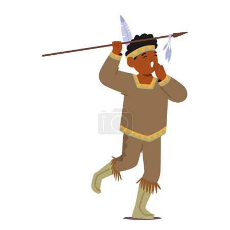 Ilustración de Personaje infantil en traje tradicional nativo americano adornado con cuero con flecos, patrones y plumas. Una pequeña lanza completa el conjunto, reflejando el patrimonio cultural con autenticidad y encanto - Imagen libre de derechos