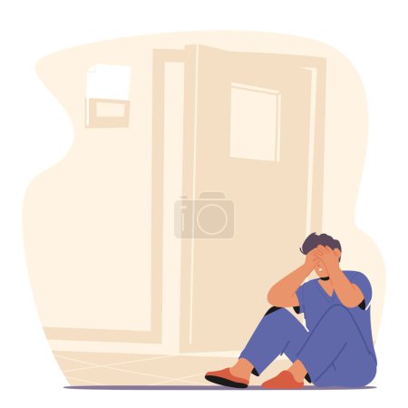 Illustration for Exhausted And Despondent Doctor Character Sits On The Floor Beside The Cabinet Door, Burdened By The Weight Of Fatigue And The Emotional Toll Of Challenging Circumstances. Cartoon Vector Illustration - Royalty Free Image