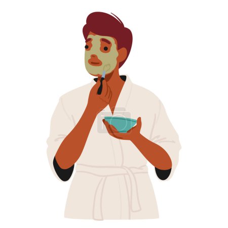 Illustration for Modern Man Embrace Skincare Rituals. Applying A Face Mask Is A Key Element In The Male Beauty Routine, Promoting Healthy Skin And A Refreshed, Confident Appearance. Cartoon People Vector Illustration - Royalty Free Image