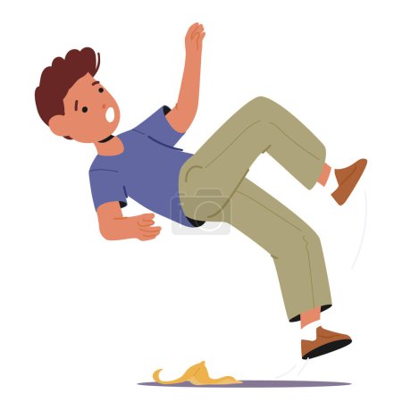 Illustration for Clumsy Kid Character, Unaware, Skids On A Banana Peel with Arms Windmilling. A Classic Moment Of Youthful Misfortune and Failure Unfolds In Slapstick Hilarity. Cartoon People Vector Illustration - Royalty Free Image