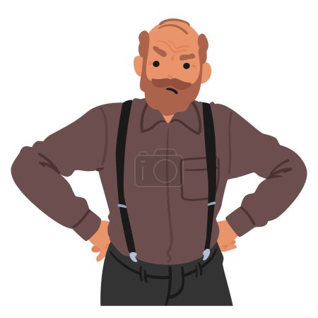 Illustration for Offended Elderly Man Stands With Arms Akimbo, His Furrowed Brow And Pursed Lips Conveying Disapproval And Indignation. Displeased Angry Senior Male Character. Cartoon People Vector Illustration - Royalty Free Image
