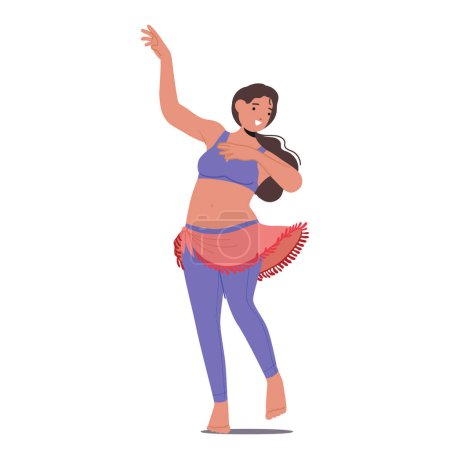 Ilustración de Mujer moderna rítmica y expresiva cautiva con su fascinante danza del vientre. Movimientos fluidos, agitación intrincada de la cadera y traje vibrante muestran su encanto cultural y empoderamiento femenino - Imagen libre de derechos