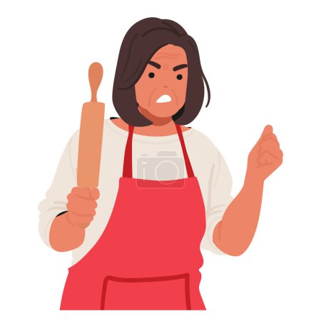 Illustration for Furious Senior Woman Character, Wrinkles Etched With Rage, Brandishes A Rolling Pin Like A Weapon, Eyes Ablaze With Indignation, Ready To Unleash Culinary Justice. Cartoon People Vector Illustration - Royalty Free Image