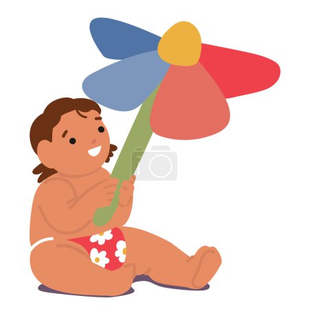 Illustration for Baby Playing With Toy. Tiny Fingers Grasp A Plush Flower, Exploring Its Softness With Delight. Giggles Fill The Air As The Baby Cuddles The Toy, Forming A Precious Bond Of Joy And Innocence, Vector - Royalty Free Image